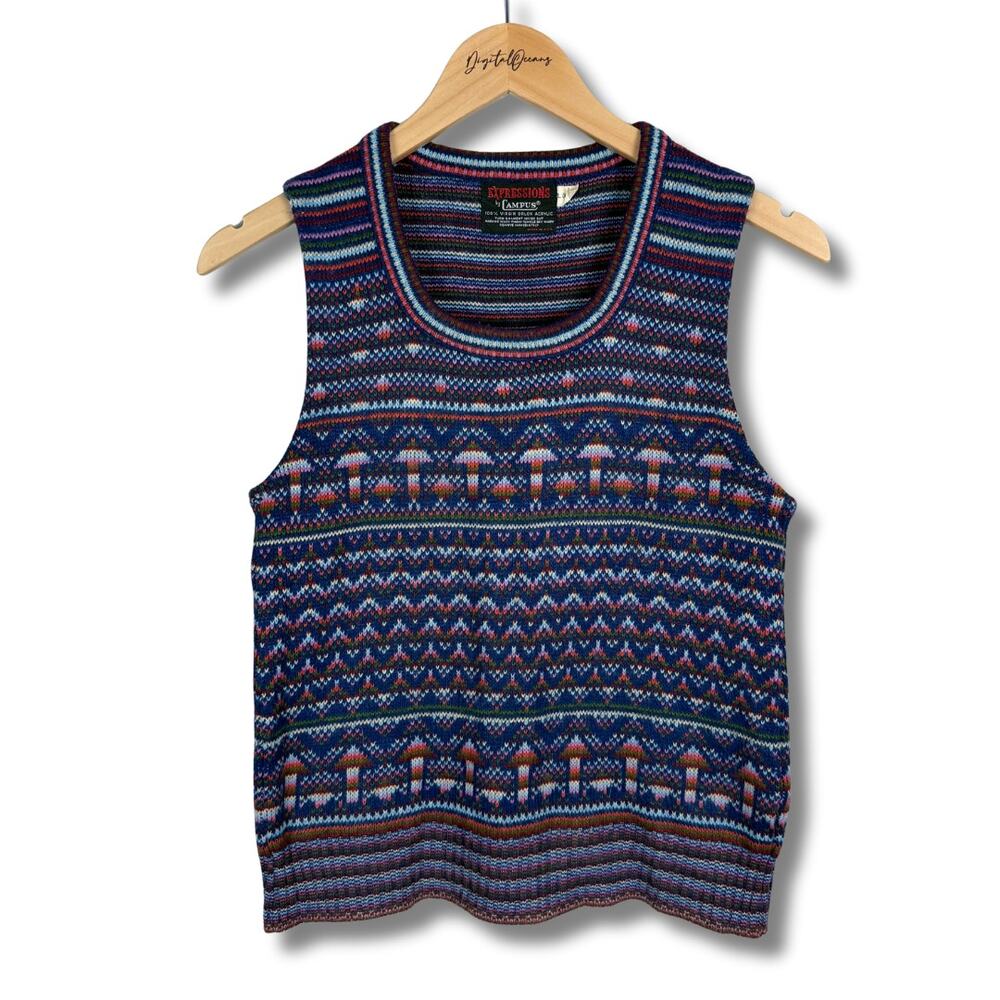 Vintage Mushroom Fair Isle Blue Knit Sweater Vest 70s 80s Eclectic Grandpa Retro